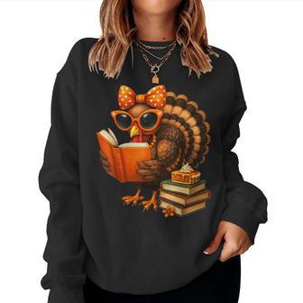 Cute Turkey Reading Book Lovers Bow Thanksgiving Womens Women Sweatshirt - Thegiftio UK