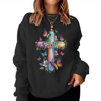 Faith Cross Butterflies Floral Religious Christ Flowers Women Sweatshirt - Thegiftio UK