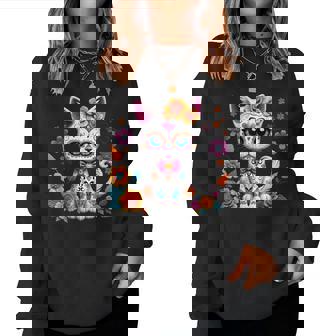 Floral Cat Sugar Skull Day Of The Dead Dia De Los Muertos Women Sweatshirt | Mazezy