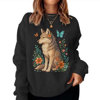 Floral Wolf With Butterflies Mystical Forest Nature Lovers Women Sweatshirt - Monsterry
