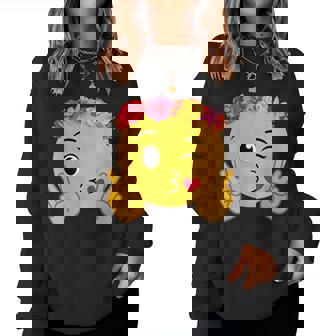 Emoticon Peace Winking Flower Crown Lips Blowing Kiss Women Sweatshirt - Seseable