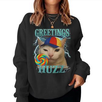 Greetings Huzz Cat Silly Cat Meme Graphic Women Sweatshirt - Thegiftio UK