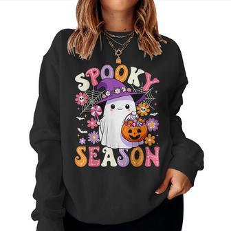Groovy Spooky Season Retro Ghost Holding Pumpkin Halloween Women Sweatshirt - Thegiftio UK