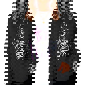 Punk Girl With Cat Goth Girl Cat Lover Emo Punk Skeleton Women Sweatshirt - Monsterry