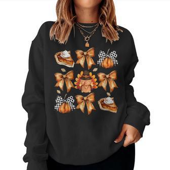 Retro Thanksgiving Fall Pumpkin Fall Coquette Bow Turkey Women Sweatshirt - Monsterry
