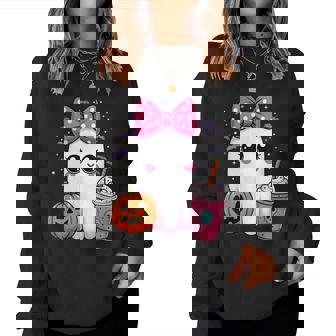 Spooky Cute Ghost Drinking Iced Coffee Pumpkin Bow Halloween Women Sweatshirt | Seseable CA