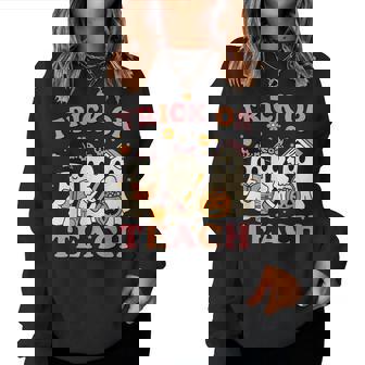 Teacher Halloween Trick Or Teach Cute Ghost Coffee Pumpkins Women Sweatshirt | Mazezy