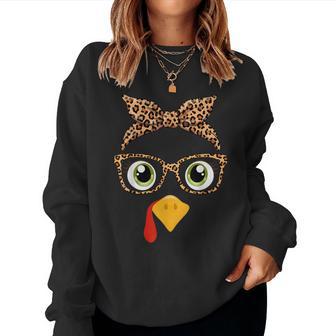 Turkey Face Girl Leopard Bow Headband Glasses Thanksgiving Women Sweatshirt - Monsterry