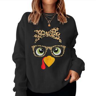 Turkey Face Thanksgiving Leopard Print Glasses Girls Women Sweatshirt - Monsterry