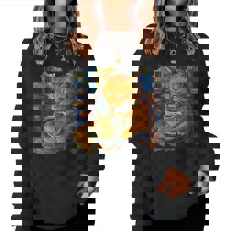 Van Gogh Cat Painting Artistic Cat Coffee Lover Women Sweatshirt - Monsterry