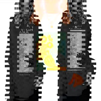 面白いゴッホ風変わりな猫とひまわりの花瓶パロディアート レディーススウェットシャツ - Kawaiitshirt