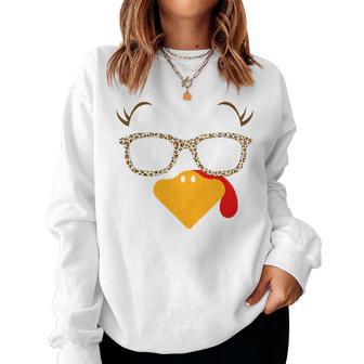 Cute Turkey Face Fall Leopard Glasses Thanksgiving Lover Women Sweatshirt - Monsterry