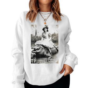 Girl Riding Alligator Whimsical Vintage Florida Meme Women Sweatshirt - Thegiftio