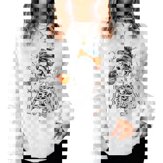 Halloween Skeleton Coffee Messy Bun For Halloween Women Sweatshirt - Thegiftio