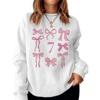 Hello Seven Coquette Preppy Pink Bow 7Th Birthday Girl Women Sweatshirt - Thegiftio UK
