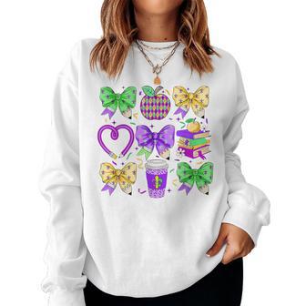 Mardi Gras Teacher Coquette Bow Pencil Apple Book Girl Women Sweatshirt - Thegiftio UK