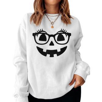Pumpkin With Eyelashes Halloween Fall Jack-O-Lantern Face Women Sweatshirt - Thegiftio