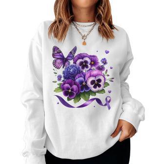 Purple Floral Pansies Butterfly Ribbon Alzheimer's Awareness Women Sweatshirt - Thegiftio UK