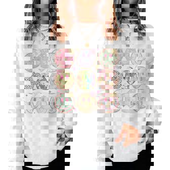 Retro Groovy Smile Face Flower Happy Face Checkered Pattern Women Sweatshirt - Monsterry