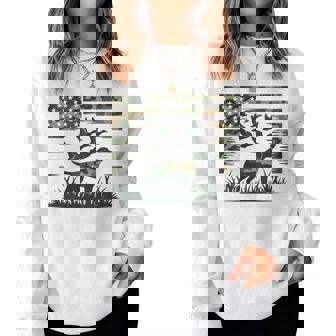 Youth Camo Mallard Duck Hunting Dog Camouflage American Flag Women Sweatshirt - Monsterry