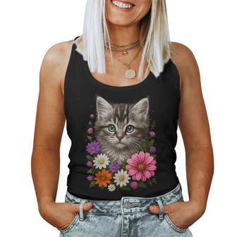 Cat Cute Floral Kitten Women Tank Top - Monsterry