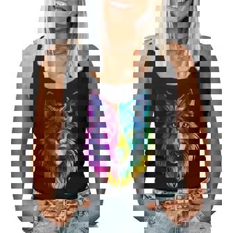 Colorful Wolf Face Wild Animal Lover Black Women Tank Top | Mazezy