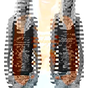 Cute Cat Turkey Happy Thanksgiving Fall Meow Cat Lover Women Tank Top - Monsterry