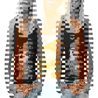 Cute Ghost Drinking Coffee Halloween Patchwork Ghost Women Women Tank Top | Seseable CA