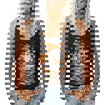 Cute Ghost Reading Book Lovers Autumn Fall Halloween Ghost Women Tank Top - Seseable