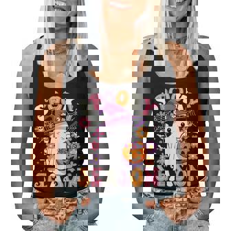 Groovy Spooky Season Retro Ghost Holding Pumpkin Halloween Women Tank Top - Thegiftio