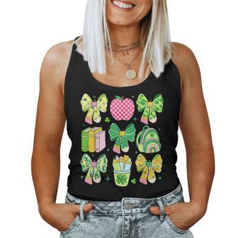 Lucky Teacher St Patrick's Day Coquette Bow Book Apple Women Tank Top | Mazezy