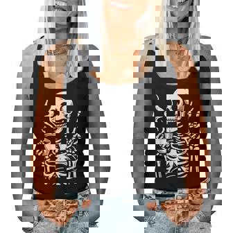 Skeleton Drinking Coffee Gothic Peace Sign Halloween Hippie Women Tank Top - Monsterry