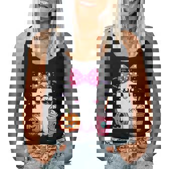 Spooky Cute Ghost Drinking Iced Coffee Pumpkin Bow Halloween Women Tank Top - Seseable