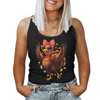 Turkey Dancing Turkey Day Fall Cute Bow Thanksgiving Women Tank Top - Seseable