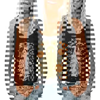 Vintage Floral Ghost Groovy Halloween Spooky Girls Women Women Tank Top | Mazezy