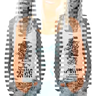 Leopard Messy Bun Survivor Cervical Cancer Awareness Women Tank Top - Thegiftio