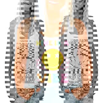 Nine Is A Vibe 9Th Birthday Groovy Smile Face 9 Years Old Women Tank Top - Thegiftio