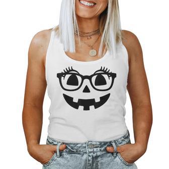 Pumpkin With Eyelashes Halloween Fall Jack-O-Lantern Face Women Tank Top - Thegiftio