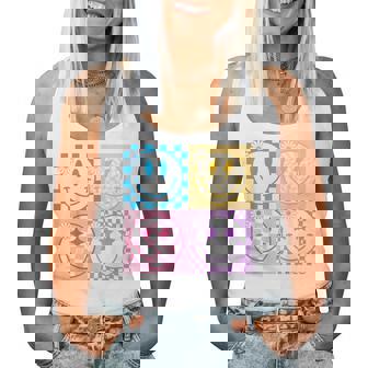 Retro Happy Smile Face Checkered Pattern Vibes Trendy Girls Women Tank Top | Mazezy