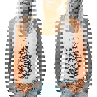 Skeleton Hugging Sphynx Cat Halloween Mom Dad Vintage Women Tank Top - Monsterry