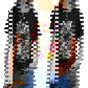 Boho Cute Black Cat Hiding In Spring Flowers Women T-shirt - Thegiftio