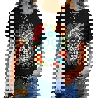 Calavera De Azúcar De Arte Popular Mexicano Con Rosas Y Girasoles Cuello Camiseta de mujer - Regaloses