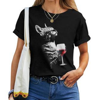 Cat Drinking Wine Cute Cat Holding Red Wine Lovers Women T-shirt - Thegiftio UK