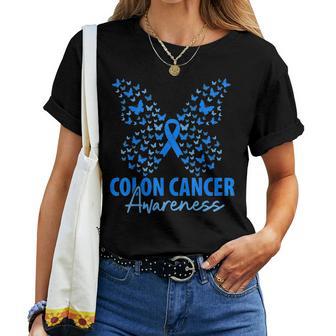 Colorectal Colon Cancer Awareness Blue Ribbon Butterfly Women T-shirt | Mazezy