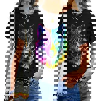 Colorful Wolf Face Wild Animal Lover Black Women T-shirt | Mazezy