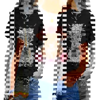 Cute Baby Highland Cow With Flowers Calf Animal Cow Women Women T-shirt | Mazezy