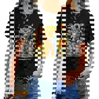 Cute Highland Cow With Sunflower Butterflies Farm Western Women T-shirt - Thegiftio