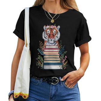 Cute Tiger With Book Floral Bookworm Librarian Book Lover Women T-shirt - Thegiftio UK