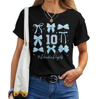 Double Digits Birthday Girl 10Th Birthday Coquette Blue Bow Women T-shirt - Thegiftio UK