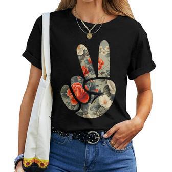 Elegant Silhouette Wildflowers Floral Peace Sign Hand Women T-shirt | Mazezy